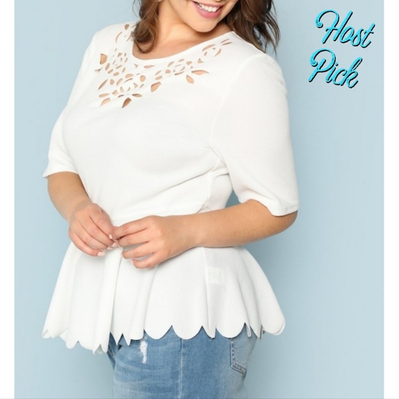BSH Boutique Tops - 2xHP - Laser Cutout Scalloped Peplum Top Blouse